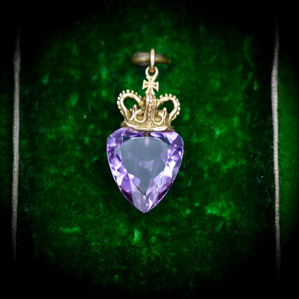 Vintage Amethyst Heart Crown Gold Charm Pendant