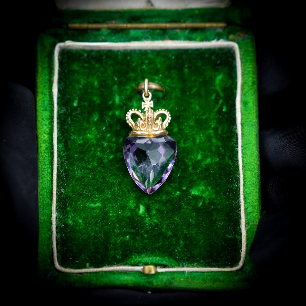 Vintage Amethyst Heart Crown Gold Charm Pendant View III