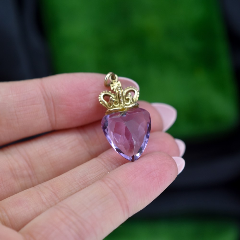 Vintage Amethyst Heart Crown Gold Charm Pendant View VII