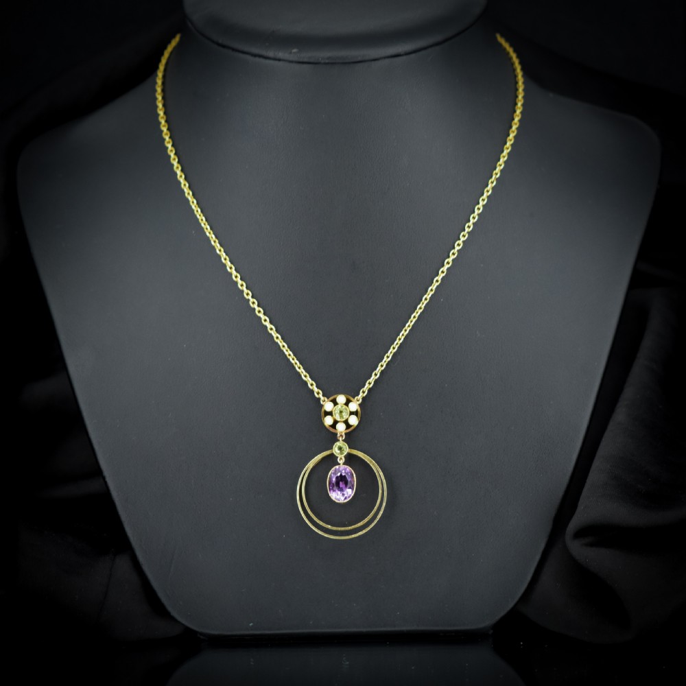 Antique Amethyst Peridot Pearl 15ct Gold Pendant and Chain Necklace | Suffragette