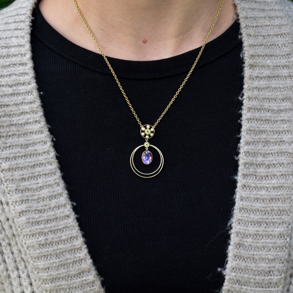 Antique Amethyst Peridot Pearl 15ct Gold Pendant and Chain Necklace | Suffragette View II