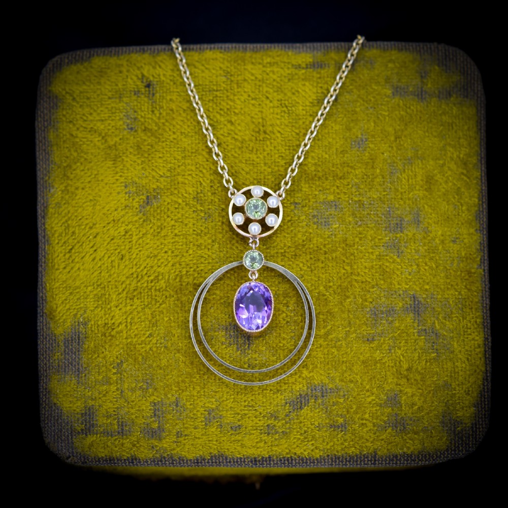 Antique Amethyst Peridot Pearl 15ct Gold Pendant and Chain Necklace | Suffragette View III