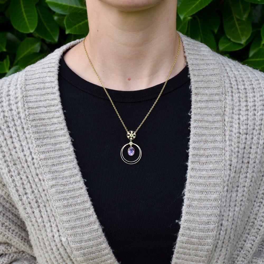 Antique Amethyst Peridot Pearl 15ct Gold Pendant and Chain Necklace | Suffragette View V