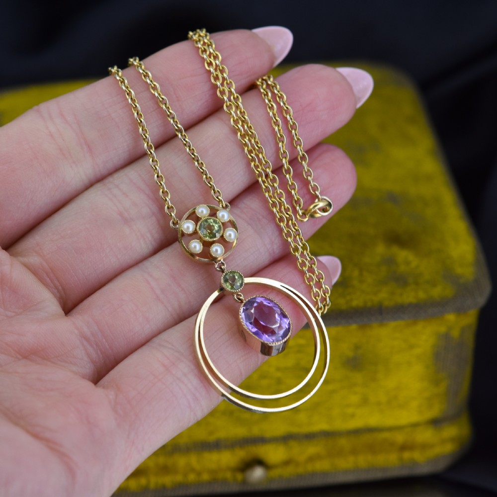 Antique Amethyst Peridot Pearl 15ct Gold Pendant and Chain Necklace | Suffragette View X