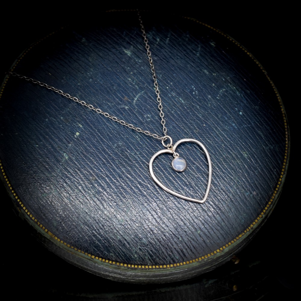 Antique Heart Moonstone Silver Drop Pendant Necklace View IV