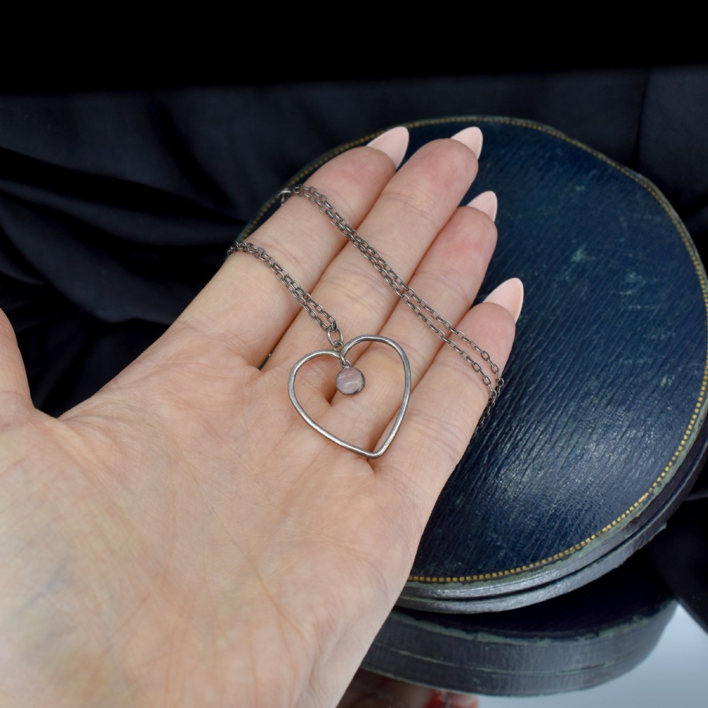 Antique Heart Moonstone Silver Drop Pendant Necklace View IX