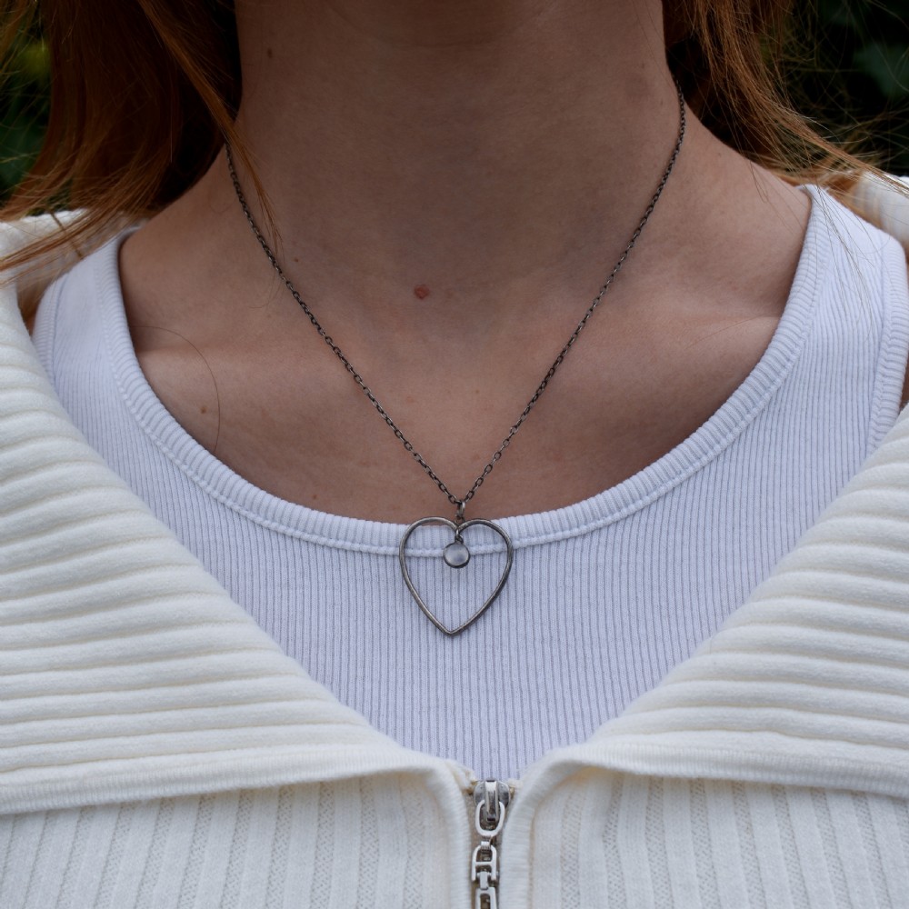 Antique Heart Moonstone Silver Drop Pendant Necklace View X