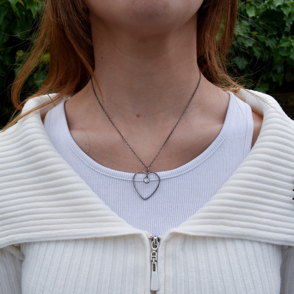 Antique Heart Moonstone Silver Drop Pendant Necklace View XI