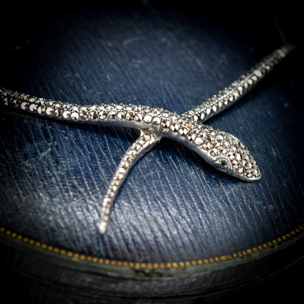 Vintage Snake Serpent Marcasite Sterling Silver Necklace 16