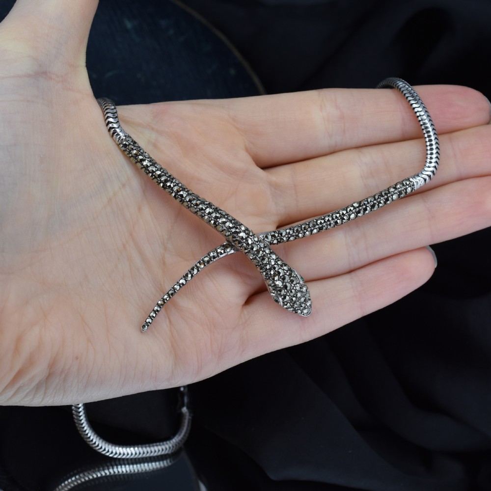 Vintage Snake Serpent Marcasite Sterling Silver Necklace 16