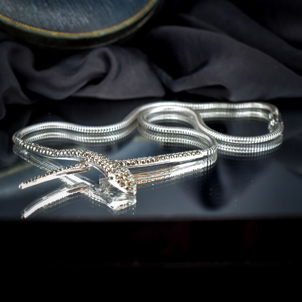 Vintage Snake Serpent Marcasite Sterling Silver Necklace 16
