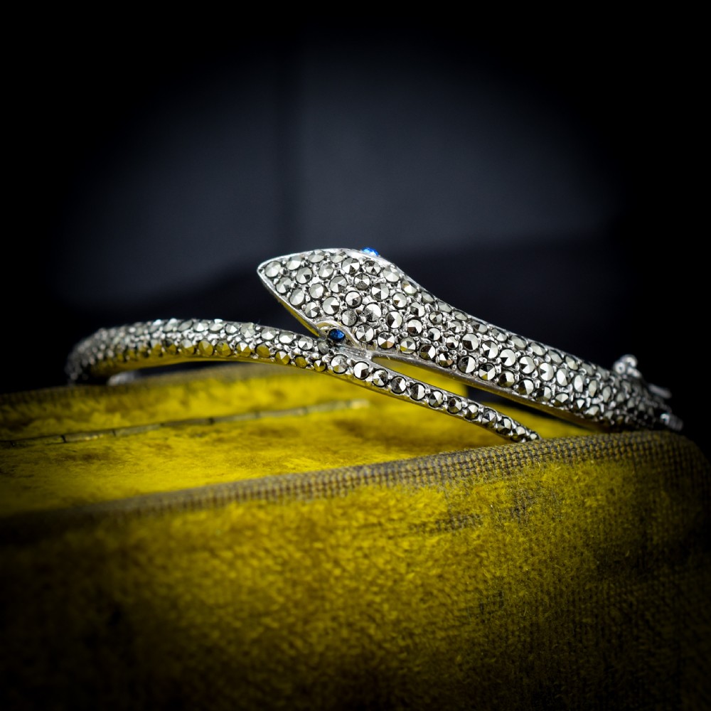 Vintage Marcasite Snake Serpent Sterling Silver Bangle Bracelet
