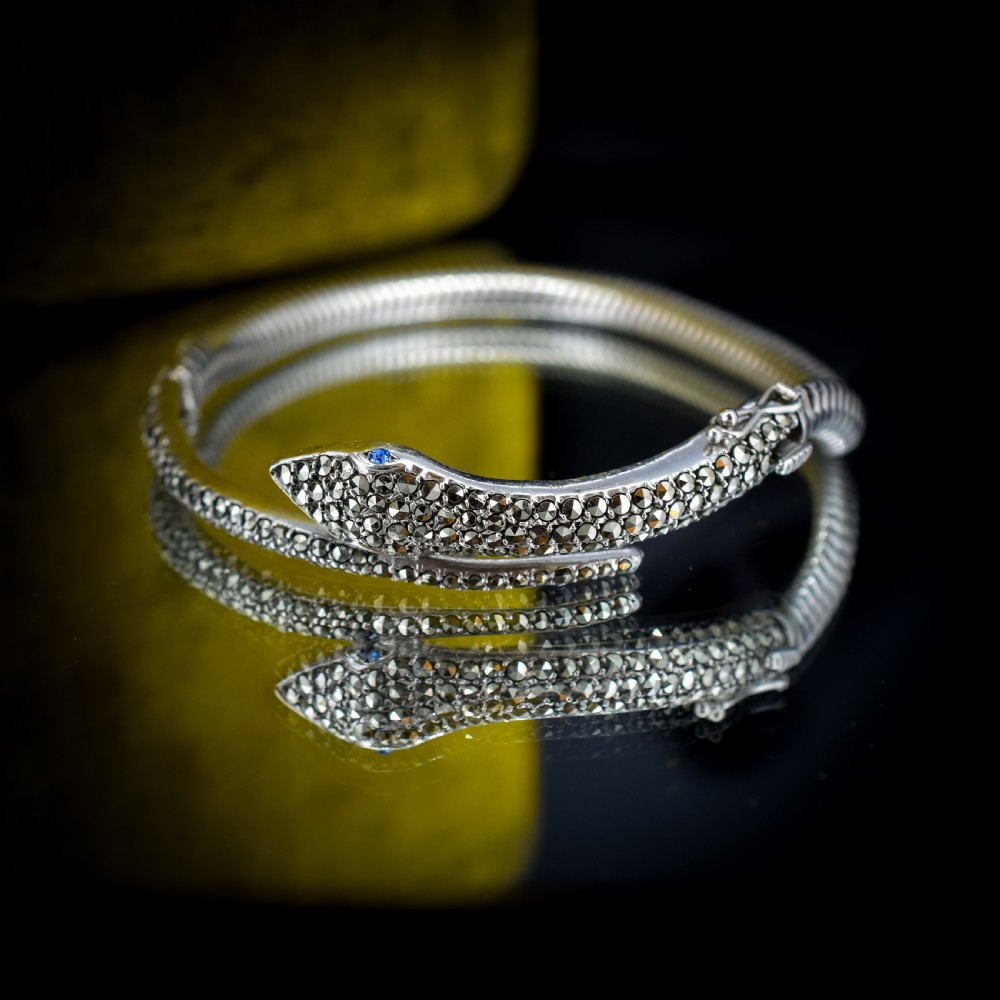 Vintage Marcasite Snake Serpent Sterling Silver Bangle Bracelet View V