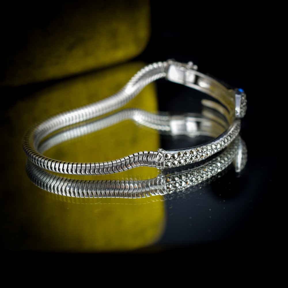 Vintage Marcasite Snake Serpent Sterling Silver Bangle Bracelet View VII