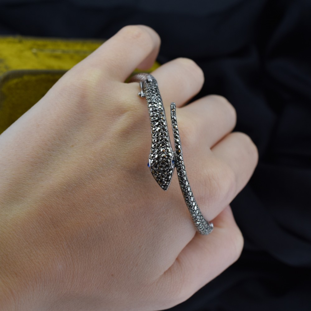 Vintage Marcasite Snake Serpent Sterling Silver Bangle Bracelet View IX