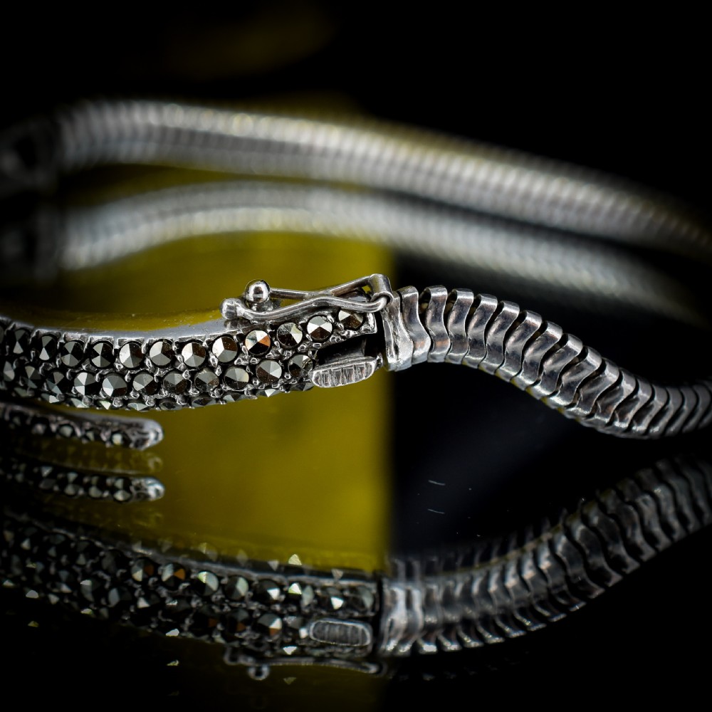Vintage Marcasite Snake Serpent Sterling Silver Bangle Bracelet View XI