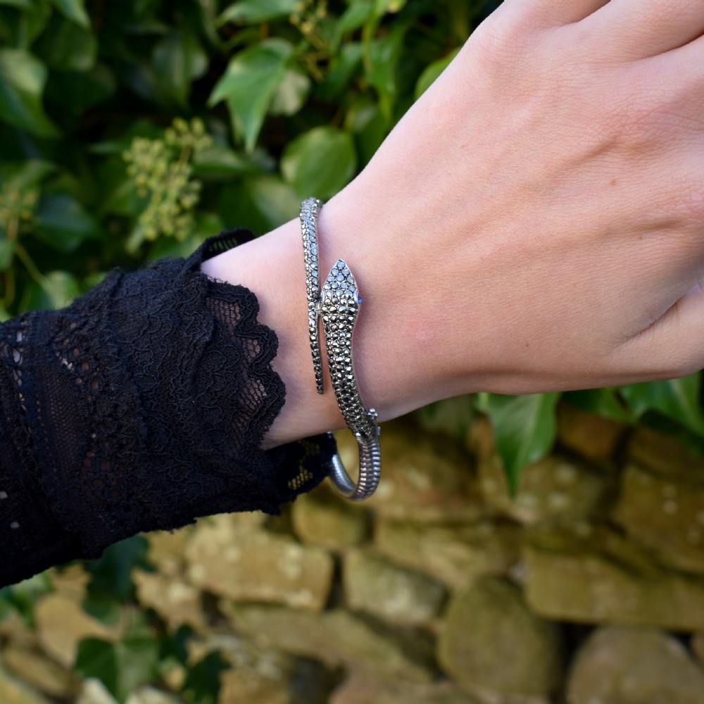 Vintage Marcasite Snake Serpent Sterling Silver Bangle Bracelet View XII