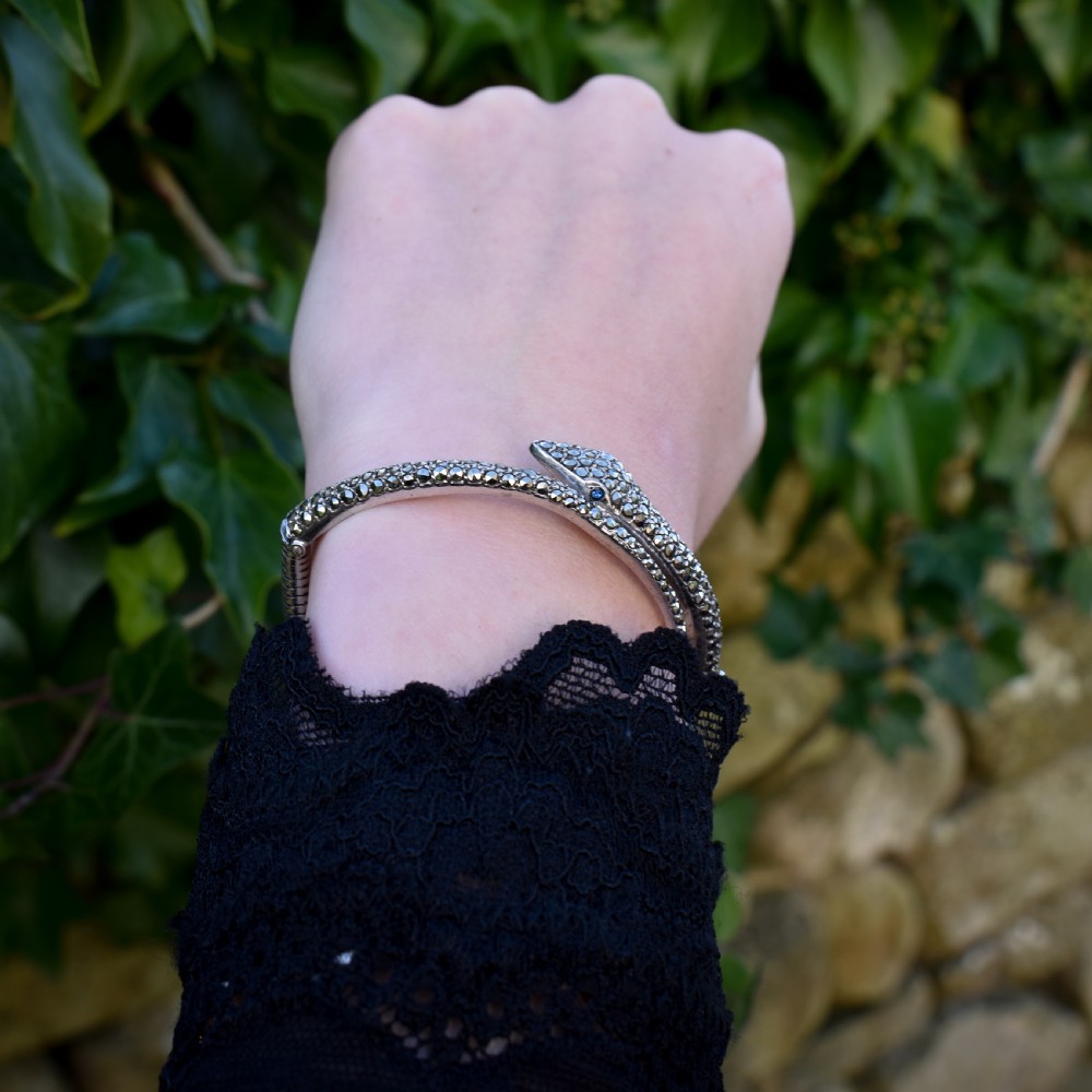 Vintage Marcasite Snake Serpent Sterling Silver Bangle Bracelet View XIII