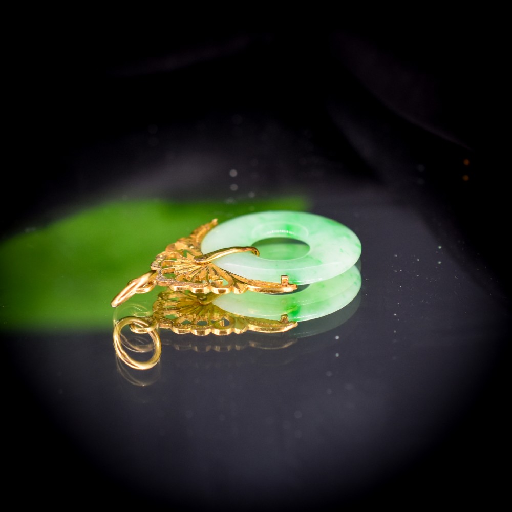 Vintage Green Jade Round Circle Disc Yellow Gold Drop Pendant View II