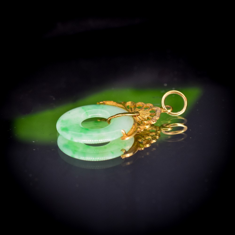 Vintage Green Jade Round Circle Disc Yellow Gold Drop Pendant View V
