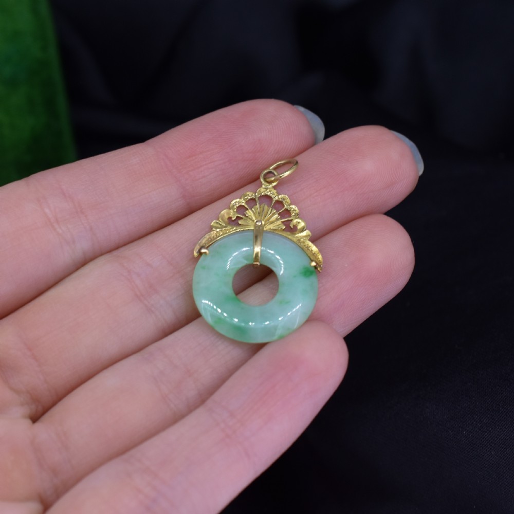 Vintage Green Jade Round Circle Disc Yellow Gold Drop Pendant View VI