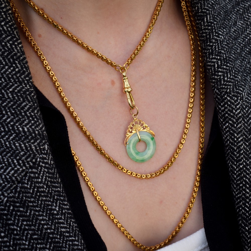 Vintage Green Jade Round Circle Disc Yellow Gold Drop Pendant View VII