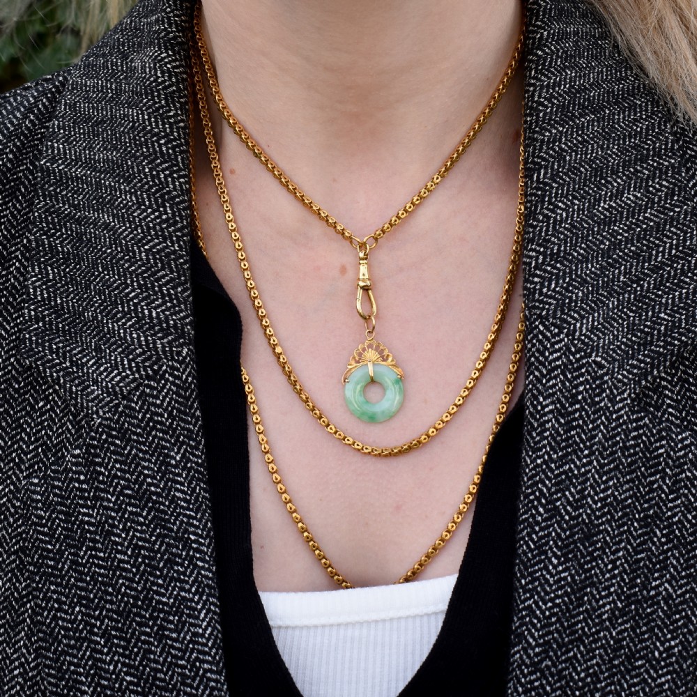 Vintage Green Jade Round Circle Disc Yellow Gold Drop Pendant View VIII