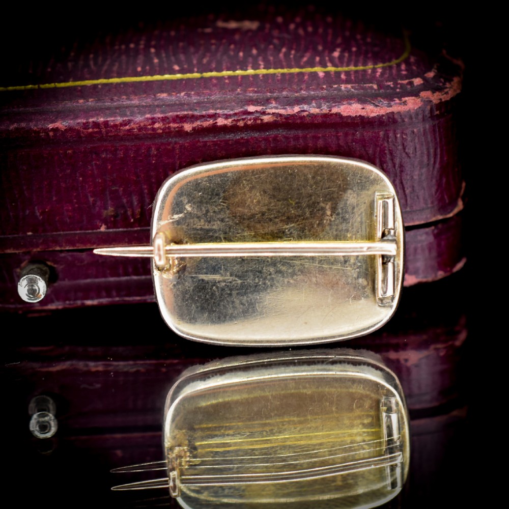 A rectangular Georgian gold mourning brooch featuring a central woven hair panel under glass, framed by a border of ruby paste stones and an outer rim of seed pearls. View VII