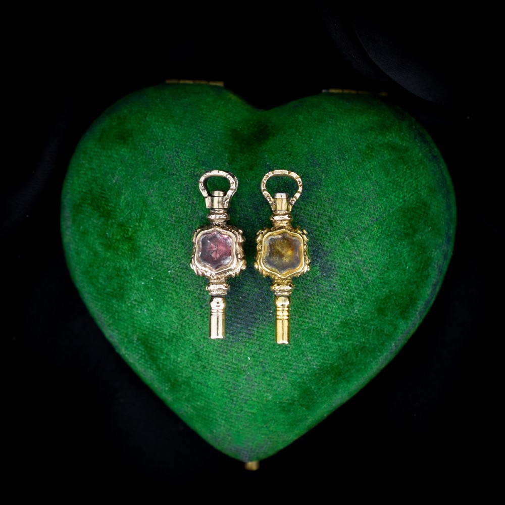 Two Antique Amethyst Citrine and Bloodstone Gold Watch Key Fob Pendant Charms
