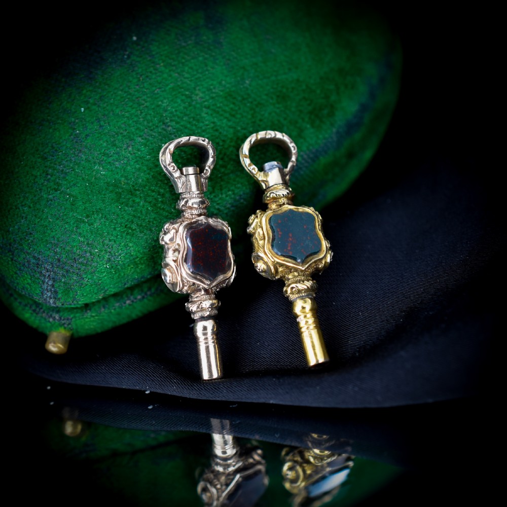 Two Antique Amethyst Citrine and Bloodstone Gold Watch Key Fob Pendant Charms View VI