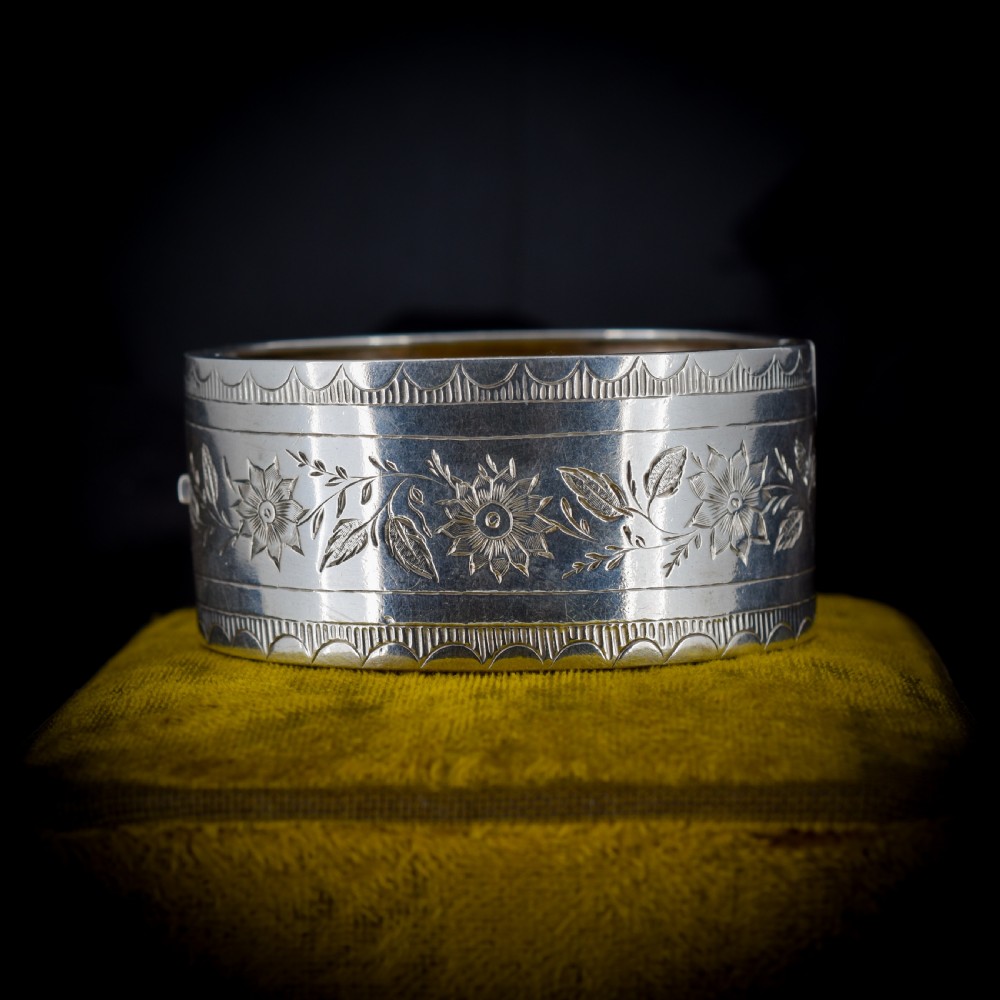 Antique Victorian Silver Floral Wide Cuff Bangle Bracelet Dated Chester 1882