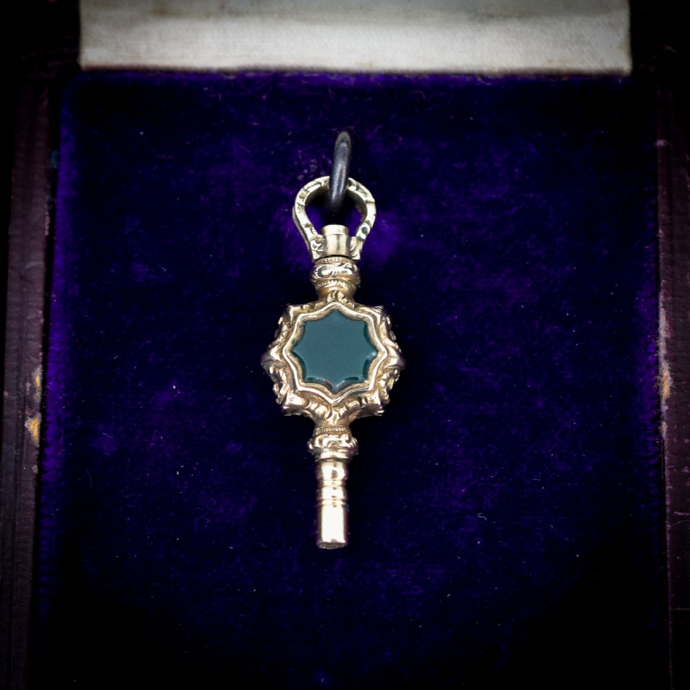 Antique Bloodstone and Chalcedony Gold Watch Key Fob Pendant Charm View III