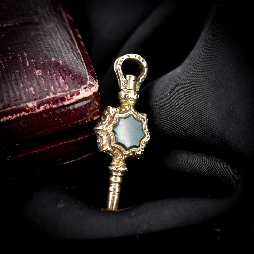 Antique Bloodstone and Chalcedony Gold Watch Key Fob Pendant Charm View VII