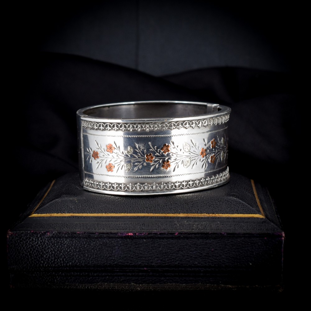Antique Victorian Silver and Gold Floral Wide Cuff Bangle Bracelet 7