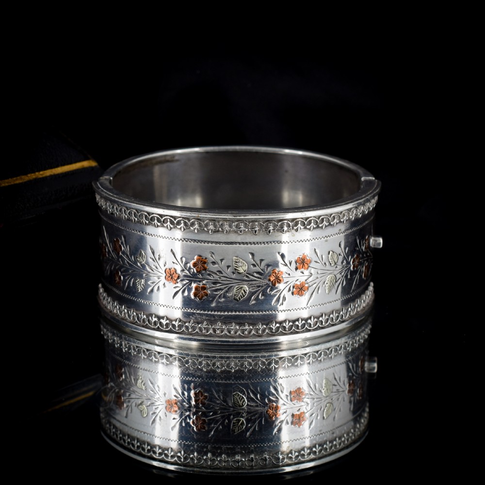 Antique Victorian Silver and Gold Floral Wide Cuff Bangle Bracelet 7