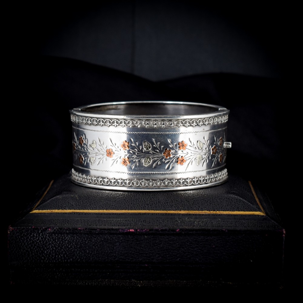 Antique Victorian Silver and Gold Floral Wide Cuff Bangle Bracelet 7
