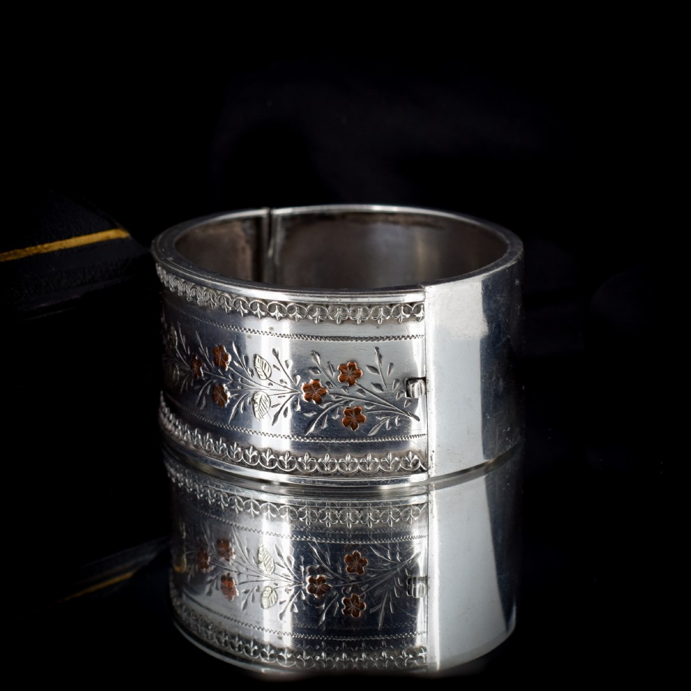 Antique Victorian Silver and Gold Floral Wide Cuff Bangle Bracelet 7