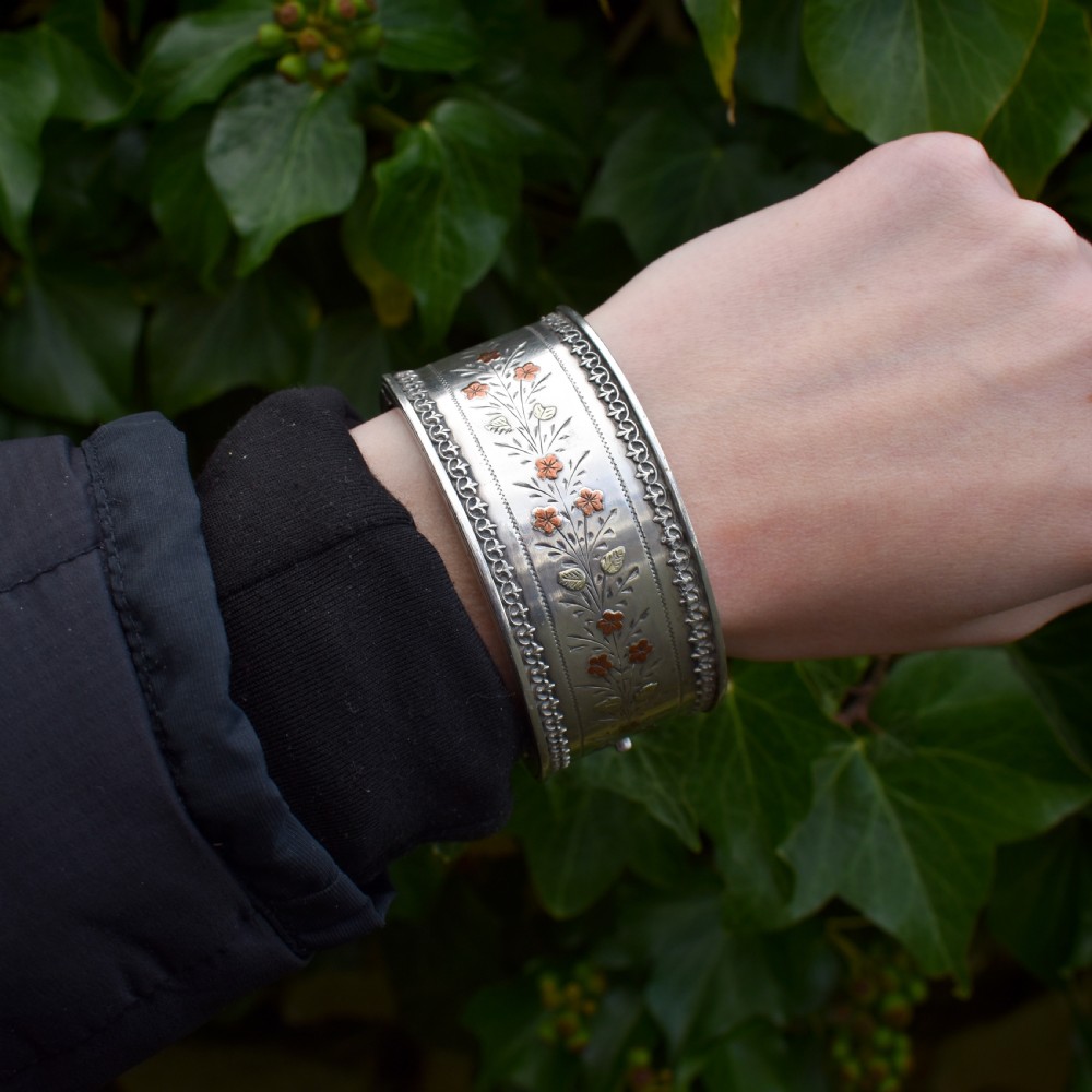 Antique Victorian Silver and Gold Floral Wide Cuff Bangle Bracelet 7