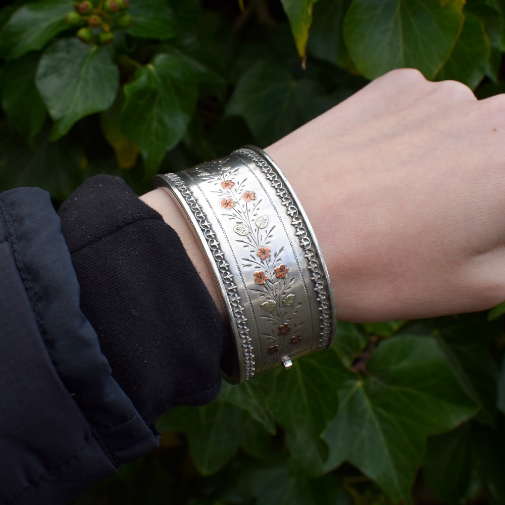 Antique Victorian Silver and Gold Floral Wide Cuff Bangle Bracelet 7