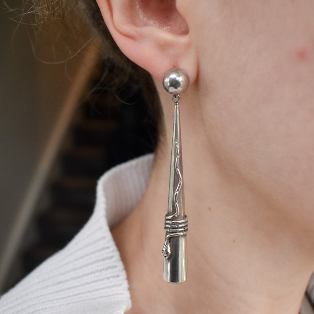 Vintage Sterling Silver Snake Serpent Torpedo Earrings View VIII