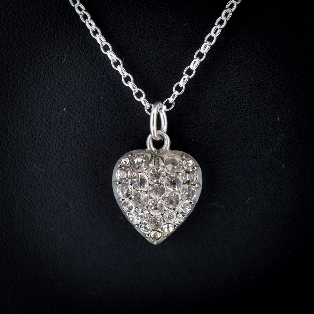 Antique Old Cut Paste Sterling Silver Puffy Heart Pendant and Chain Necklace