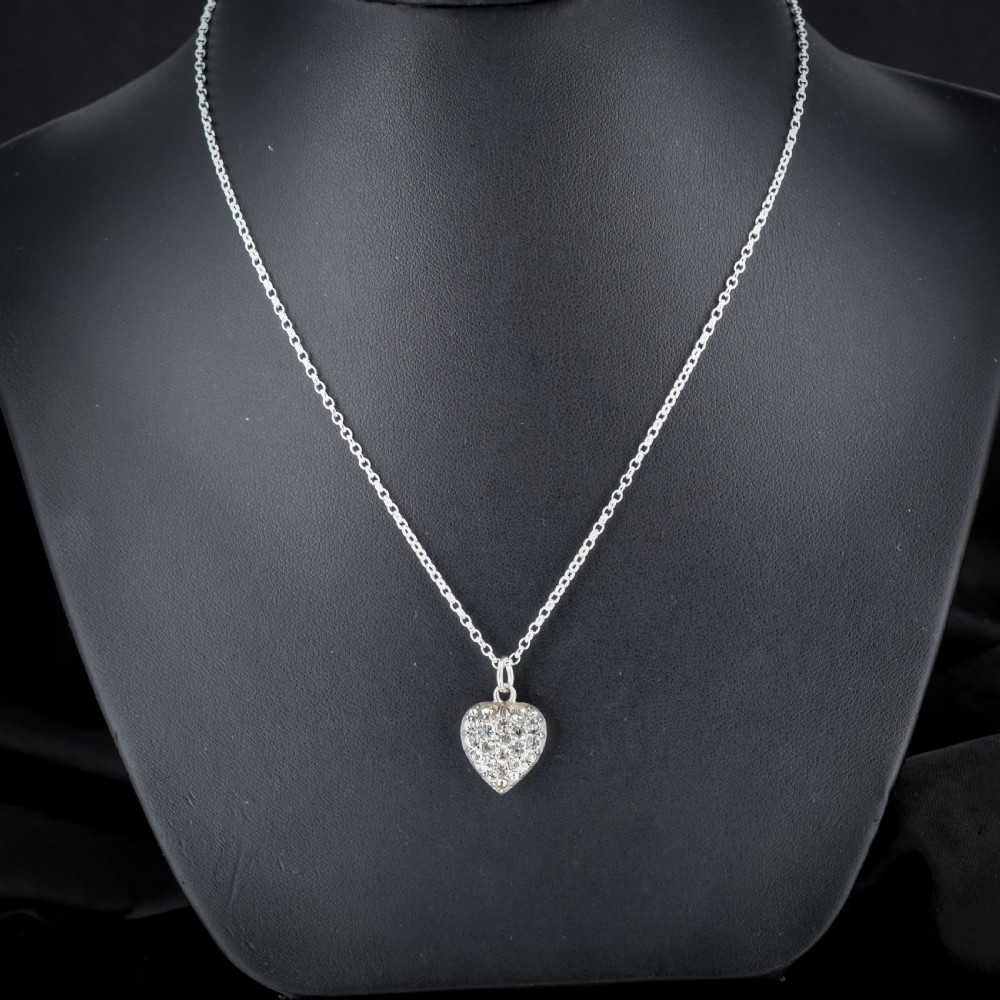 Antique Old Cut Paste Sterling Silver Puffy Heart Pendant and Chain Necklace View II