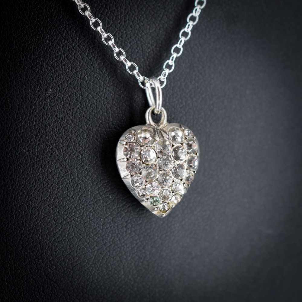 Antique Old Cut Paste Sterling Silver Puffy Heart Pendant and Chain Necklace View III