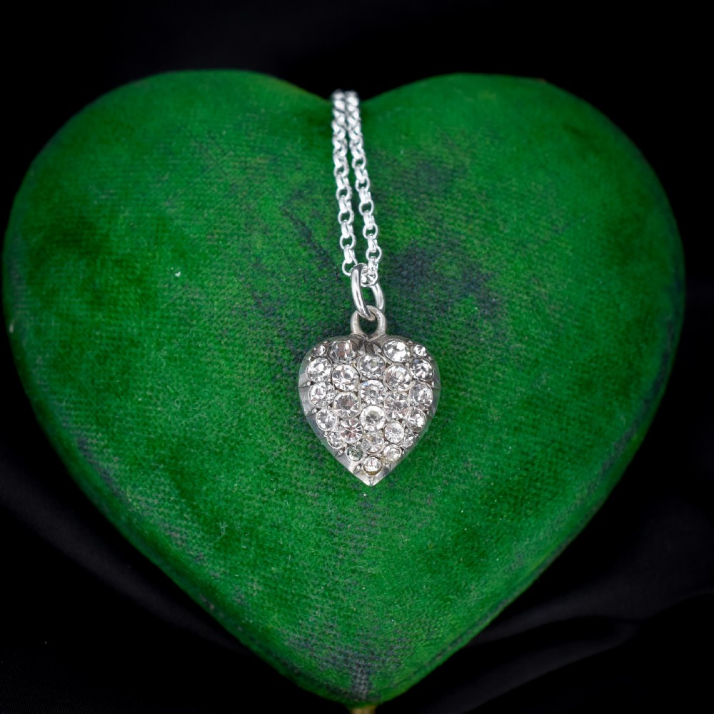 Antique Old Cut Paste Sterling Silver Puffy Heart Pendant and Chain Necklace View IV