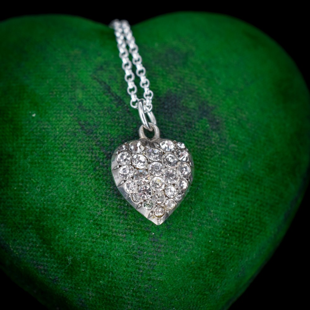 Antique Old Cut Paste Sterling Silver Puffy Heart Pendant and Chain Necklace View V