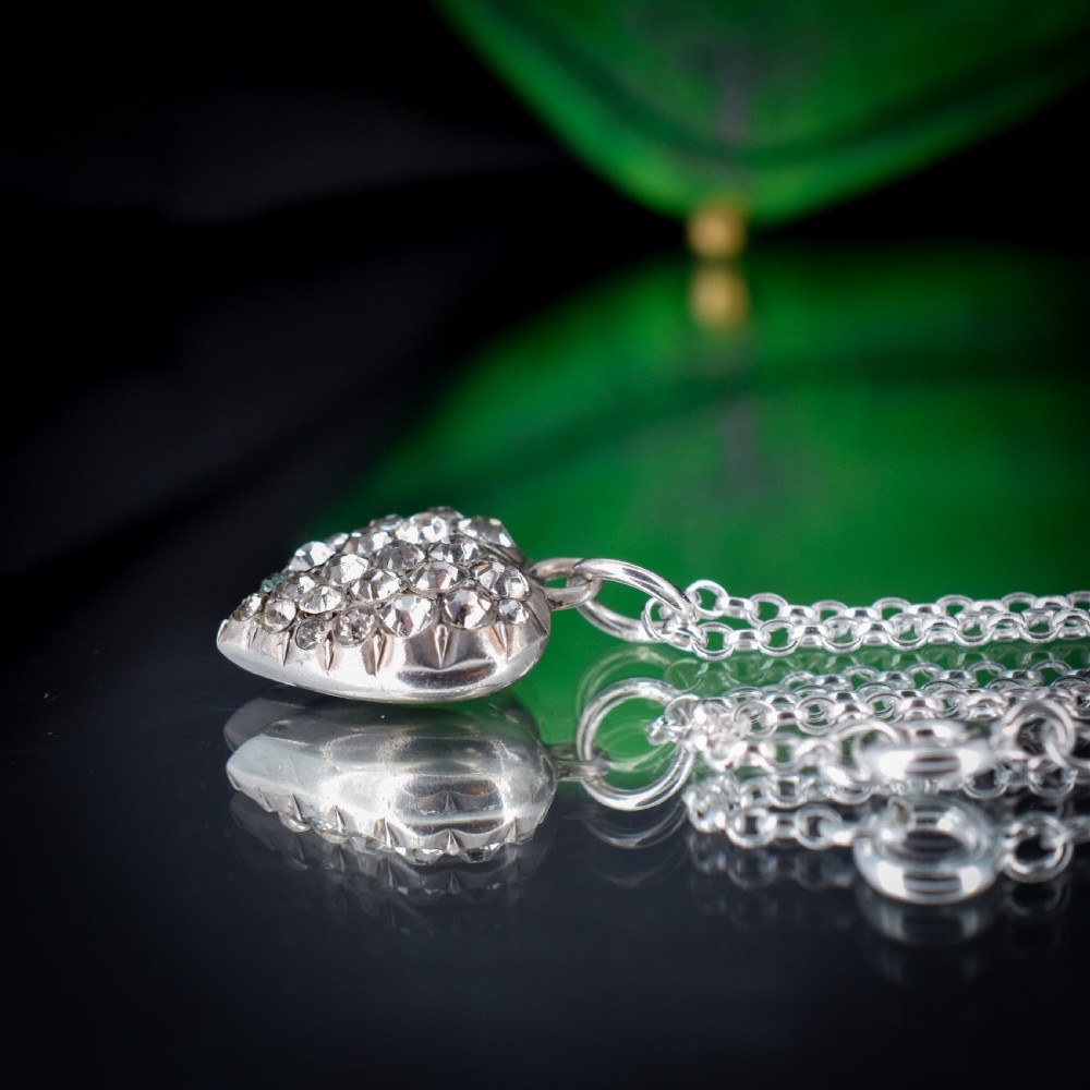 Antique Old Cut Paste Sterling Silver Puffy Heart Pendant and Chain Necklace View VI