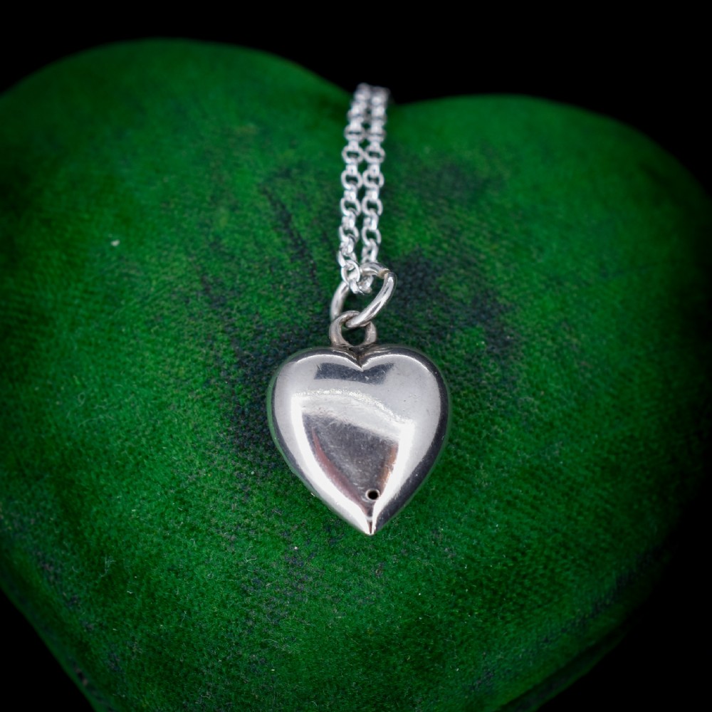 Antique Old Cut Paste Sterling Silver Puffy Heart Pendant and Chain Necklace View IX