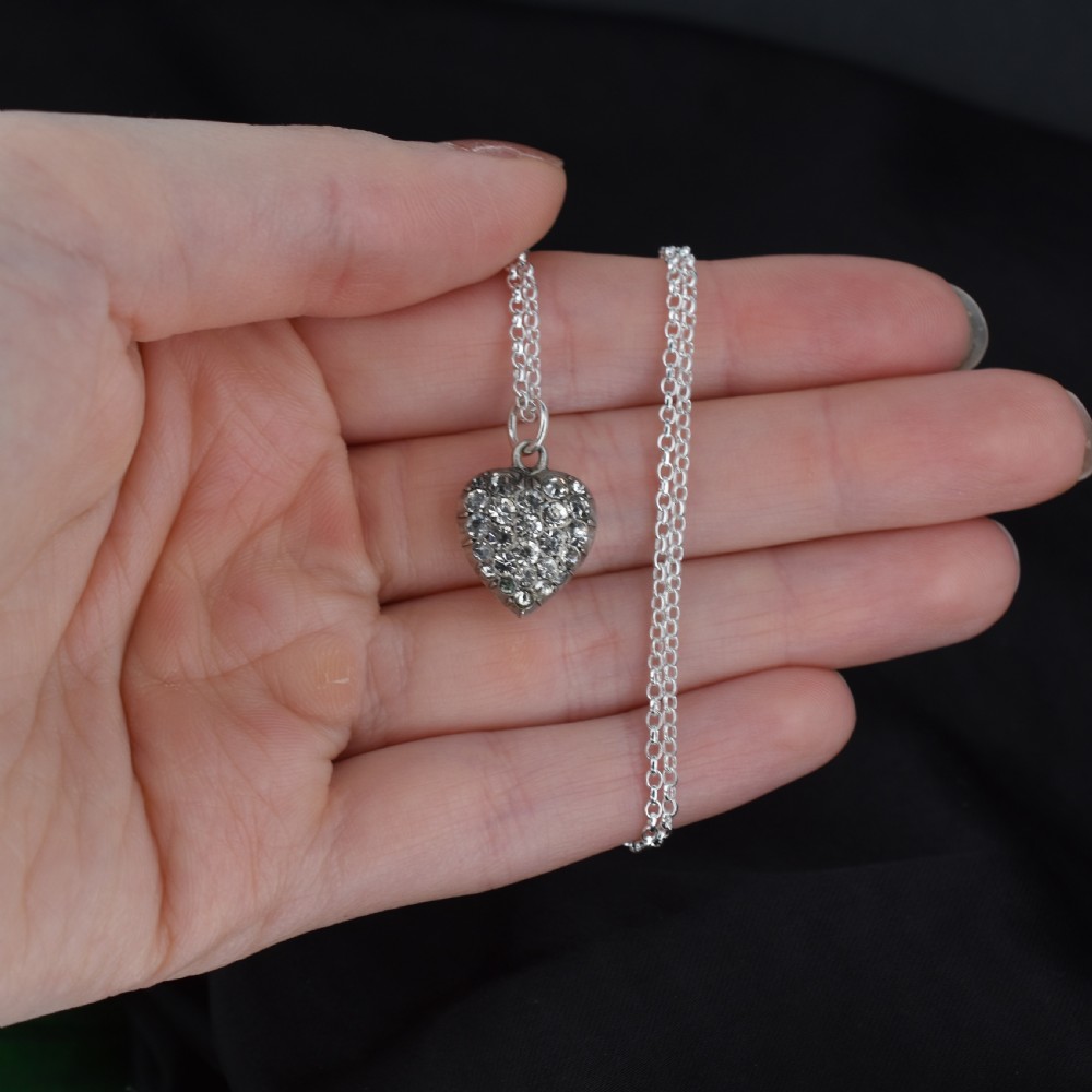 Antique Old Cut Paste Sterling Silver Puffy Heart Pendant and Chain Necklace View X