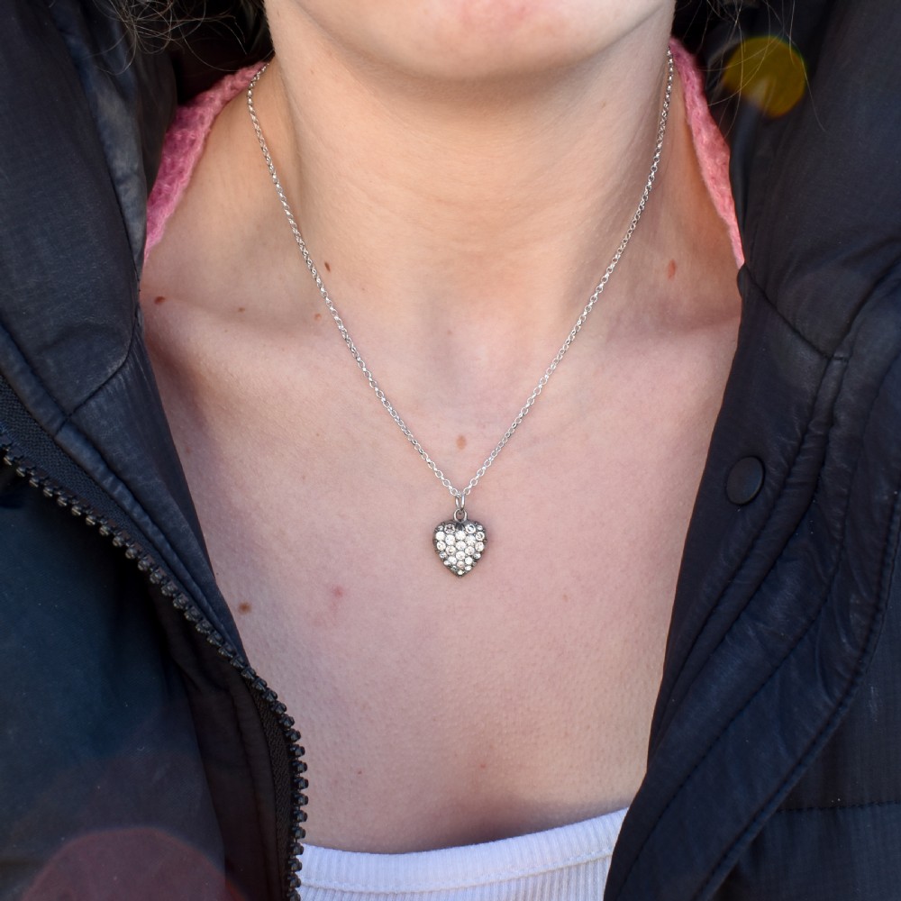 Antique Old Cut Paste Sterling Silver Puffy Heart Pendant and Chain Necklace View XII