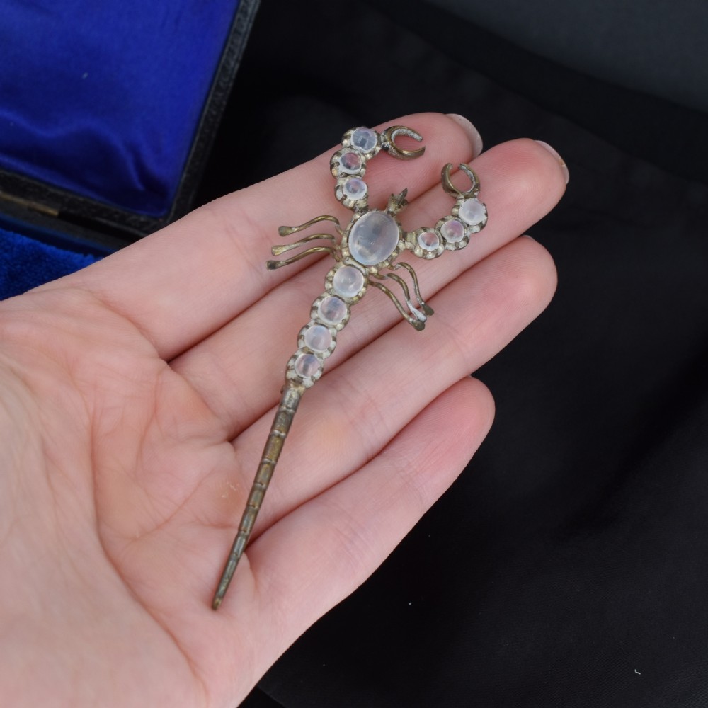 Antique Edwardian Moonstone Scorpion Brooch Pin View VIII